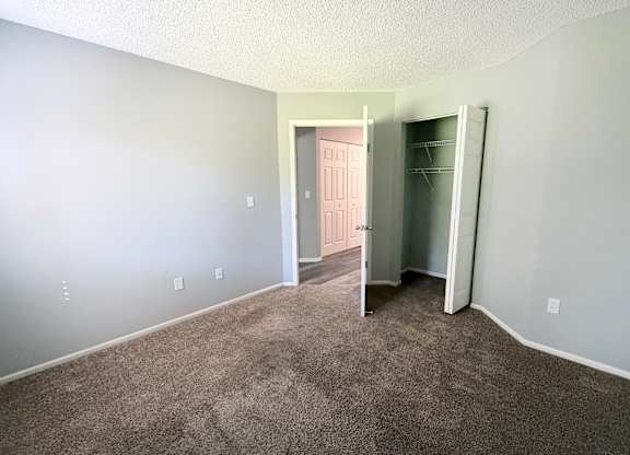 A room with a carpeted floor and a doorway leading to another room.
