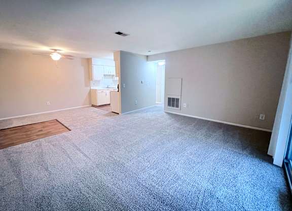 A spacious room with a grey carpet and white walls.