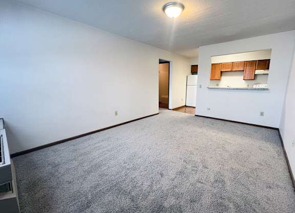 A spacious room with a grey carpet and a small kitchenette in the corner.