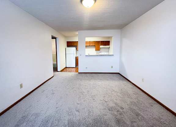 A carpeted room with a small kitchenette in the corner.