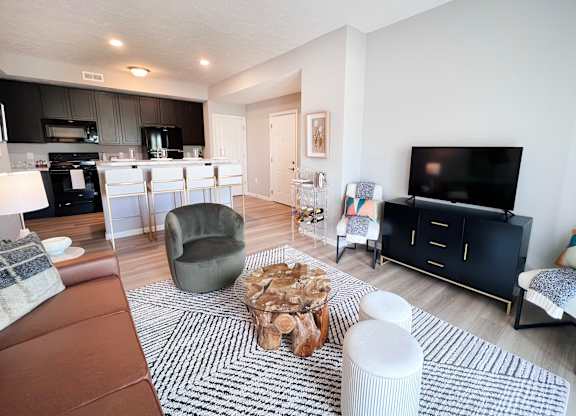 Living Room with a Black and White Rug at Hebron Station Apartments, Hebron