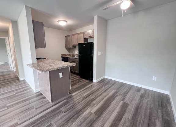 A kitchen area with a black fridge and a countertop.