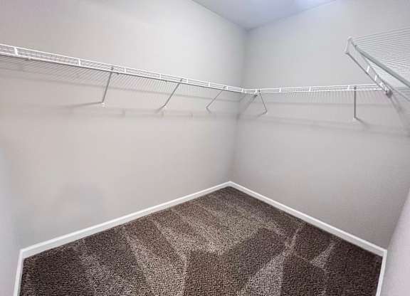 A walk-in closet with a carpeted floor and metal shelving.