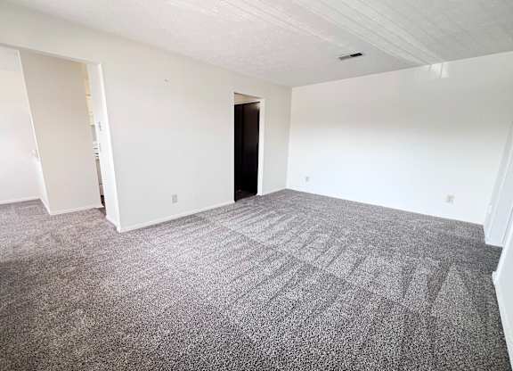 A room with a carpeted floor and white walls.