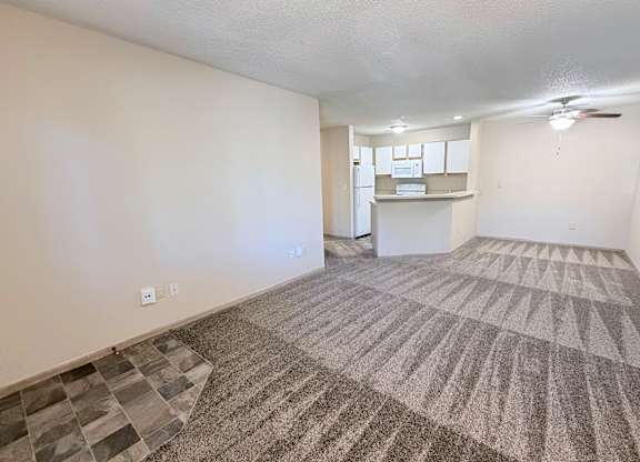 A room with a carpeted floor and a ceiling fan.