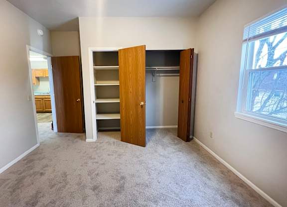A room with a carpeted floor and a large open closet with shelves.