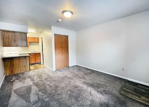 A room with a carpeted floor and a wooden cabinet.