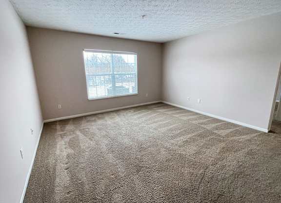 A room with a carpeted floor and a window.