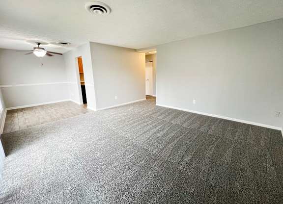 A room with a grey carpet and a ceiling fan.