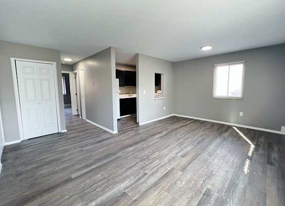 A room with wooden flooring and a white door.