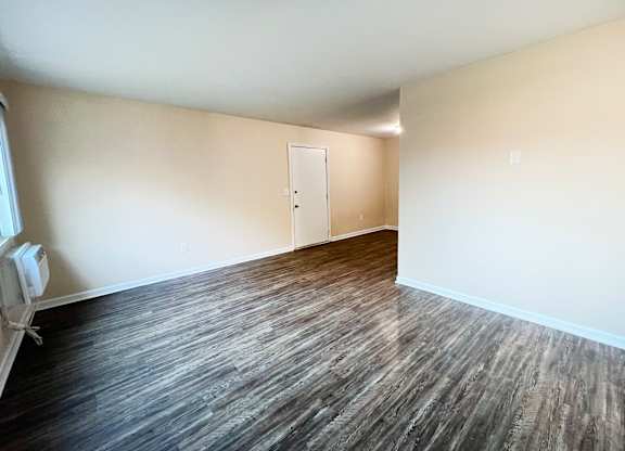 A room with wood flooring and a white door.