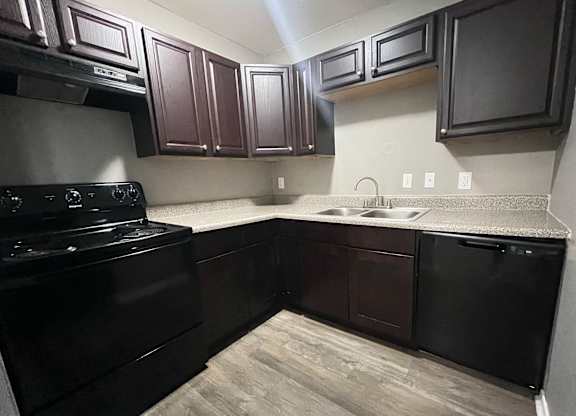 A kitchen with black appliances and cabinets.