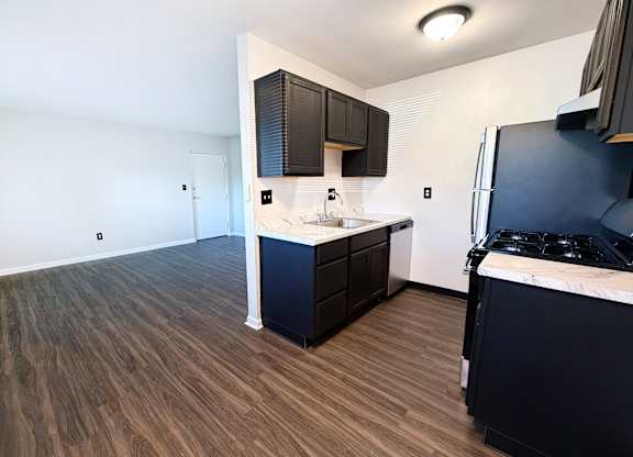 A kitchen with dark wood floors and black cabinets.