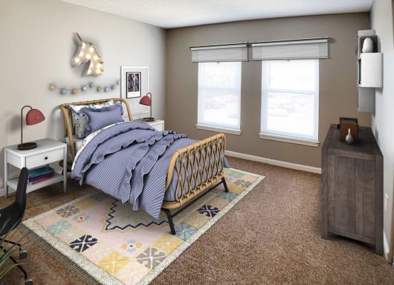 a bedroom with a bed and two windows at Knobs Pointe Apartments, New Albany, IN, 47150
