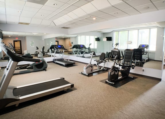 a gym with cardio machines and weights in a large room with windows  at Knobs Pointe Apartments, Indiana