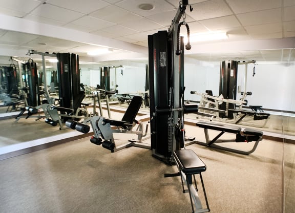 a fitness room with weights and cardio equipment  at Knobs Pointe Apartments, New Albany, Indiana