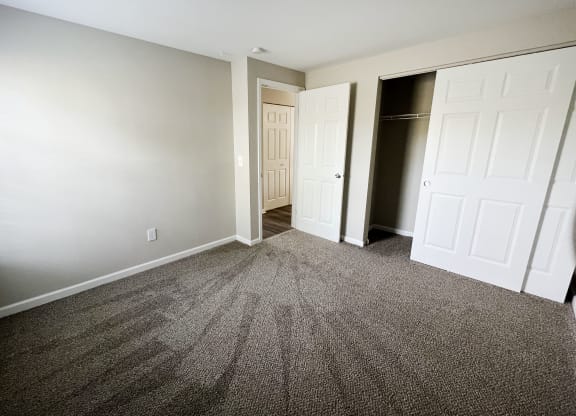 a bedroom with gray carpet and a closet with a white door  at Woodhills Apartments, West Carrollton, 45449