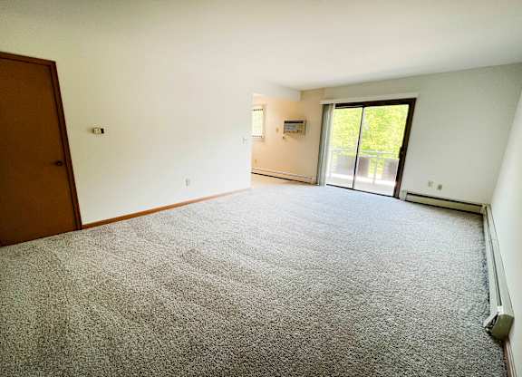 A room with a carpeted floor and a sliding glass door.