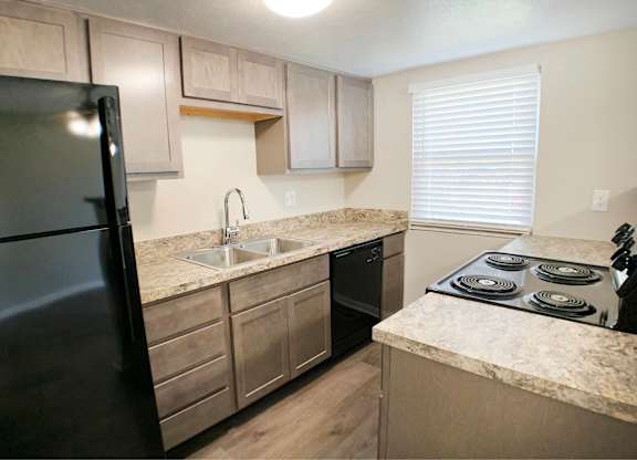 A kitchen with a black refrigerator, sink, and stove.