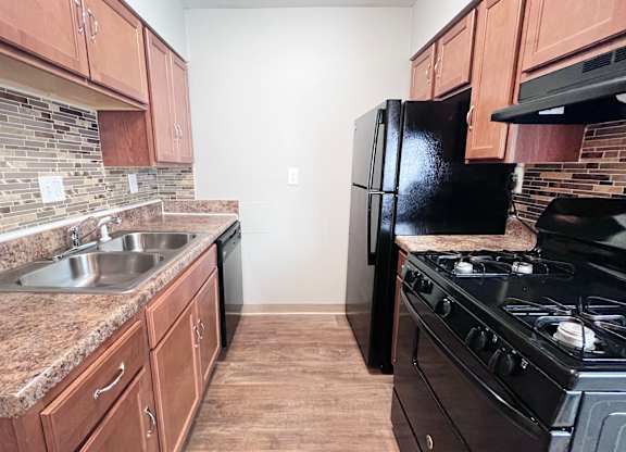 A kitchen with a black refrigerator and stove.