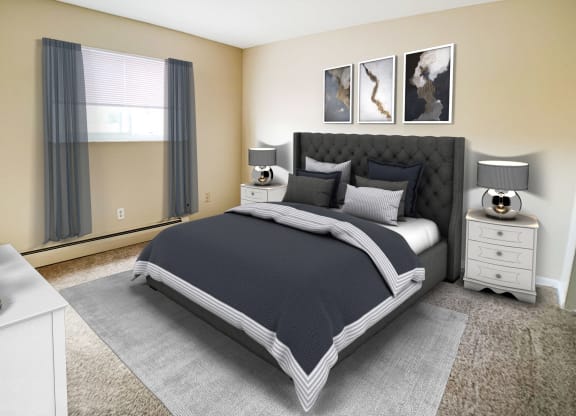 Bedroom with cozy bed at Sharondale Woods Apartments, Cincinnati