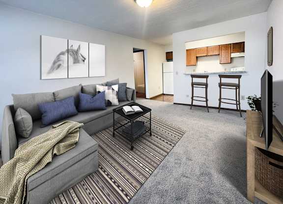 A living room with a grey couch and a striped rug.
