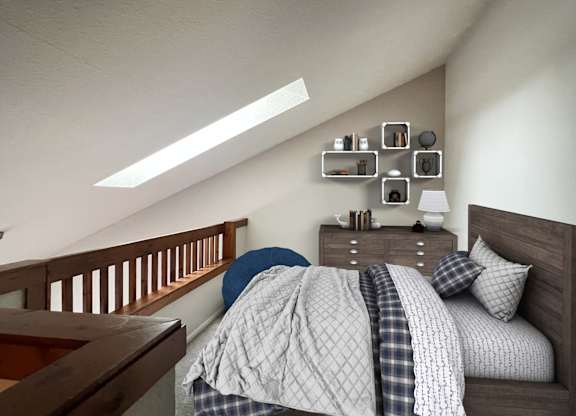 A bedroom with a bed, nightstand, and shelves above it.