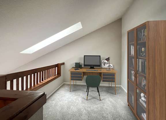 A room with a desk and a chair.