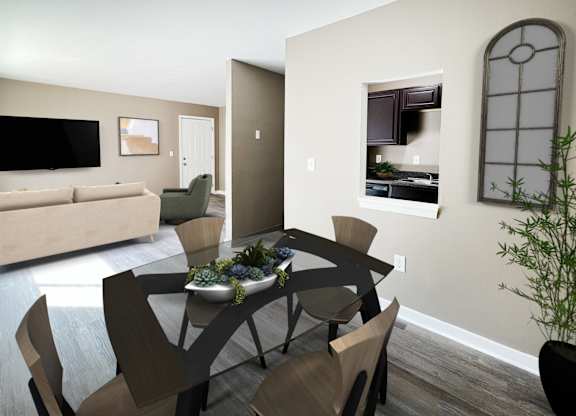 A modern dining room with a wooden table and chairs.