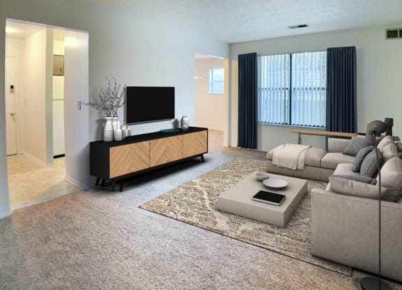 Staged Living Room at Four Worlds Apartments, Cincinnati, OH