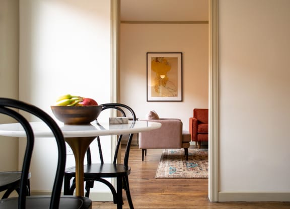 Bright living and dining space at The James Hollywood, Los Angeles, CA 90028