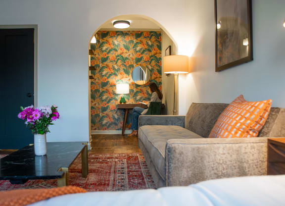 Soft Comfortable Sofa in Decorated Living Room at The James Hollywood, Los Angeles, CA 90028