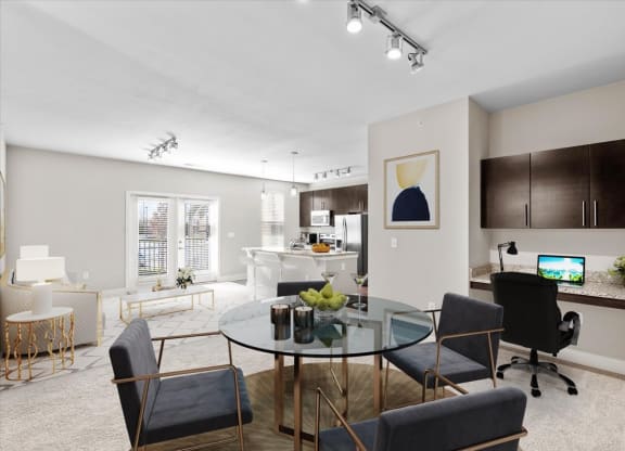 a living room and dining room with a glass table
