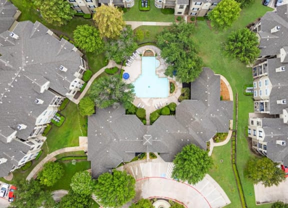 a birdseye view of a backyard with a swimming pool