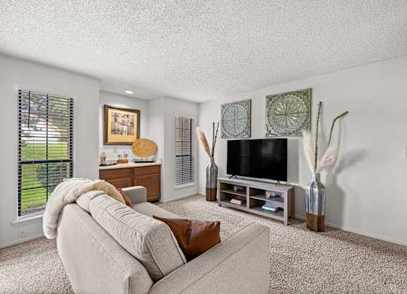 A living room with a couch, a television, and a vase.