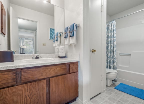 a bathroom with a sink toilet and shower at Pebblebrook, Overland Park, 66212