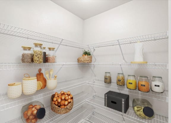 A spacious kitchen pantry with wire wrack shelving.
