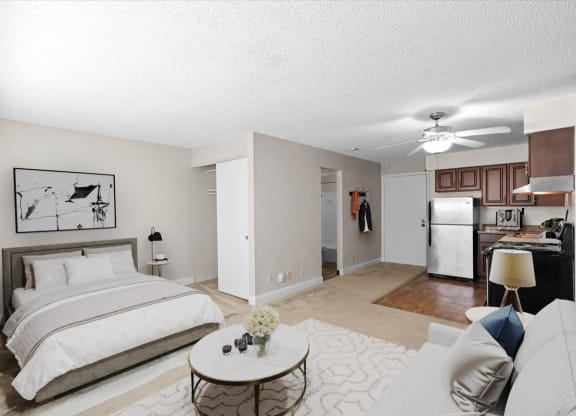 A spacious studio apartment with a ceiling fan, upgraded kitchen, and closet storage.