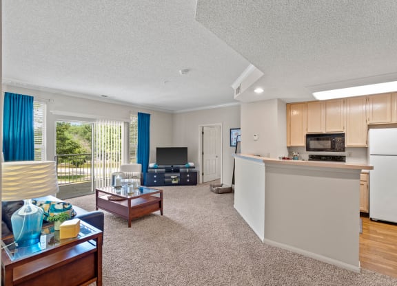 An open living room and kitchen with a sliding glass door patio.