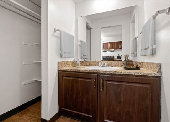 a bathroom with a sink and a mirror and a refrigerator