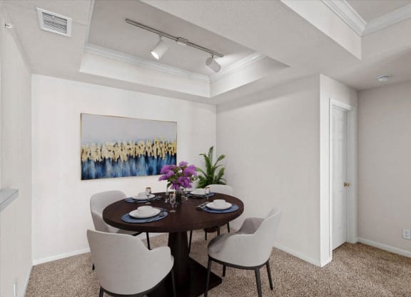A dining area with track lighting and a storage closet.