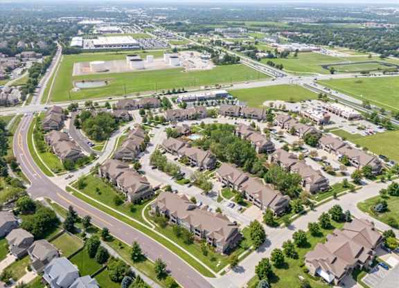 Aerial view of the neighborhood at Stonepost Ranch Apartments, Kansas, 66221