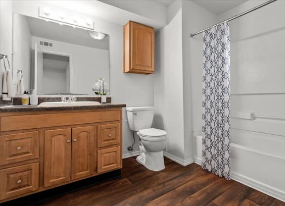 a bathroom with a toilet and a sink and a showerat Millcreek Woods Apartments, Olathe, KS