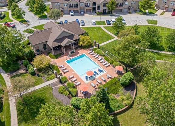 Aerial view of swimming pool at Stonepost Ranch Apartments, Overland Park, KS