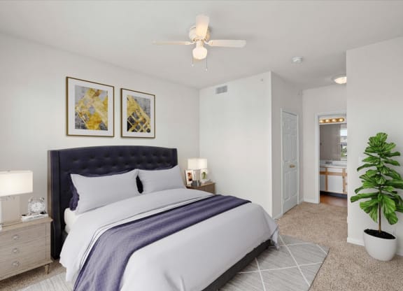 A primary bedroom with a ceiling fan, closet and attached bathroom.