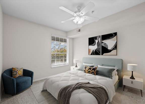 Bedroom With Ceiling Fan at Crowne Chase Apartment Homes, Overland Park, Kansas
