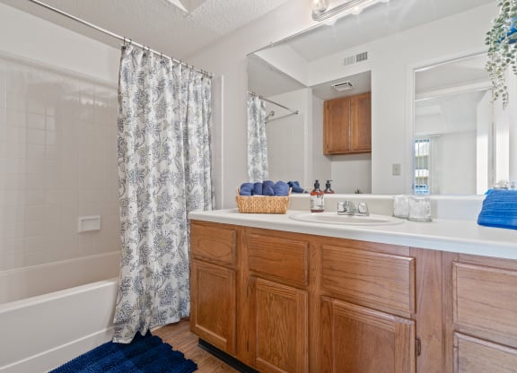 a bathroom with a bathtub and a sink at Waterford Place Apartments & Townhomes, Overland Park