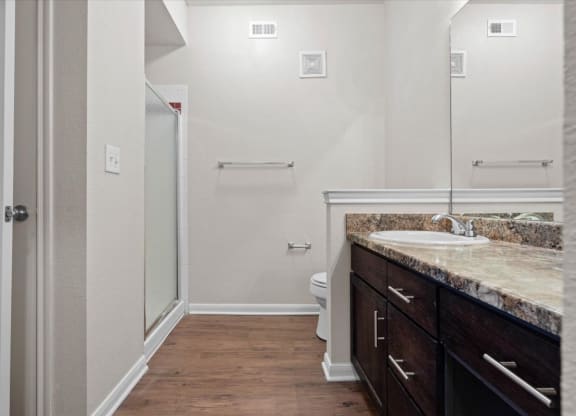 A master bathroom with a sliding glass door shower and a vanity with a large mirror and storage cabinets under the sink.