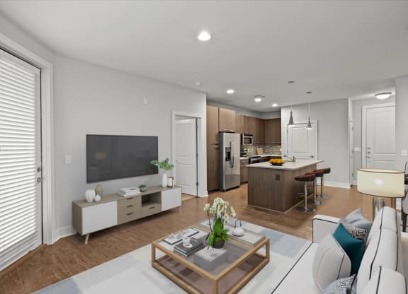 a living room with a couch and a table