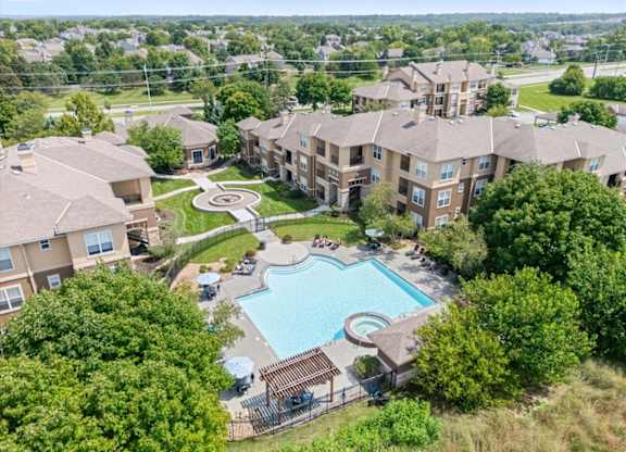 Aerial Pool View at Stonepost Lakeside Apartment Homes, Olathe